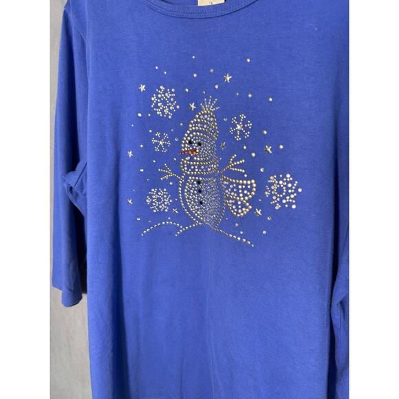 Quacker Factory Blue Christmas Top Women’s 1X – Rhinestone Snowman Holiday Shirt - Picture 2 of 4
